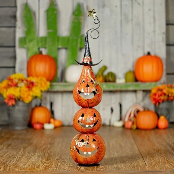 31" Tall Funny Iron Jack-O'-Lantern Totem Tower Halloween Decoration