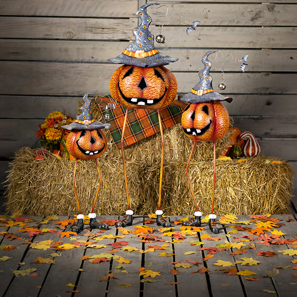 Set of 3 Long-Legged Witch Hat Wearing Jack-O-Lantern Figurines