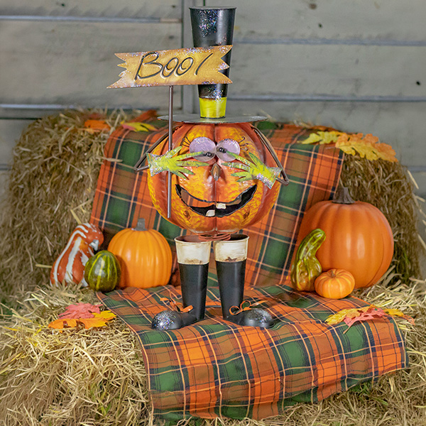 Top Hat Jack-O-Lantern Figurine with Boo sign