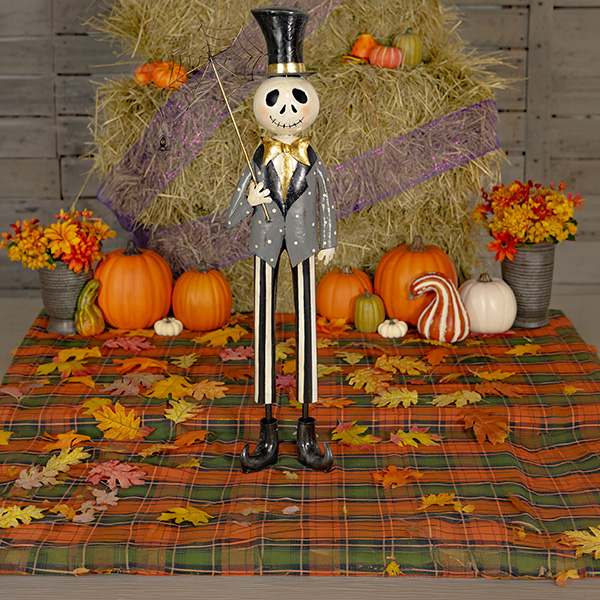 32.25in. Tall Old School Dapper Skeleton Boy with Spiderweb Umbrella Bones Junior