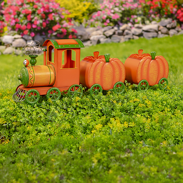 39.5in Long Iron Pumpkin Train with Two Carts Decoration Pumpkin Express