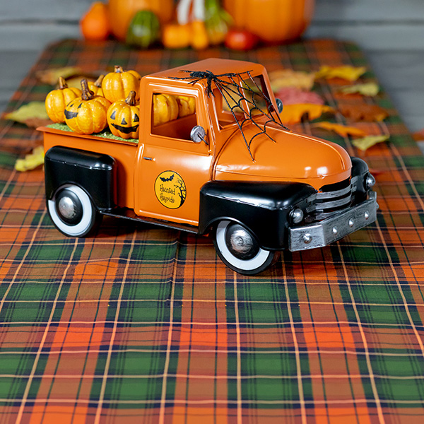 Haunted Hayride Halloween Truck with Spiderweb and Pumpkins