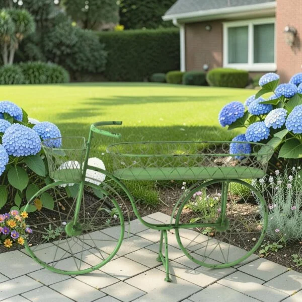 49.25" Long Metal Bicycle Planter with Two Flower Baskets in Green