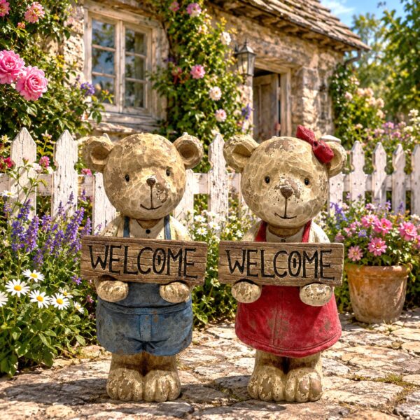 26" Tall Vintage-Style Teddy Bear Garden Figurine & Welcome Sign "Tush" & "Phi"