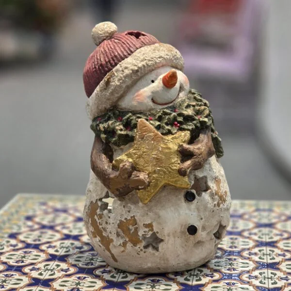 13" Tall Vintage-Style Chubby Snowman Candleholder Figurine Holding Star "Sven"