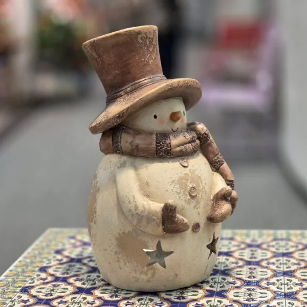 17" Tall Vintage-Style Snowman-Shaped Candleholder with Brown Hat