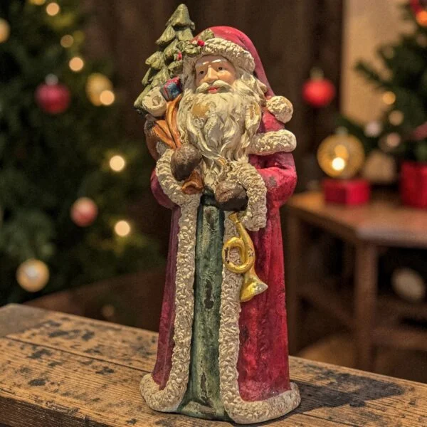 33" Tall Traditional Santa Figurine with Christmas Tree & Horn
