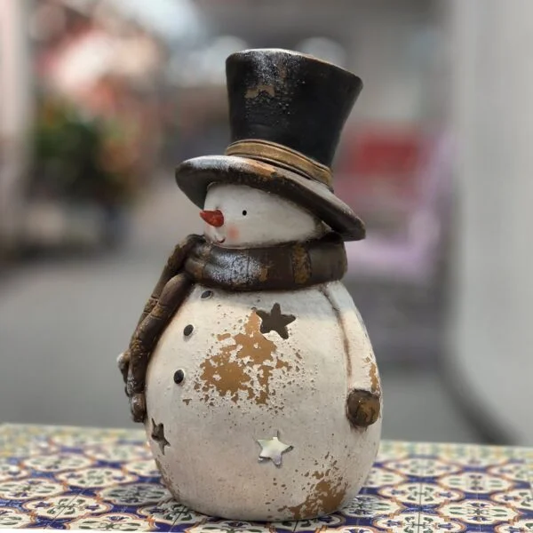 16" Tall Vintage-Style Snowman-Shaped Candleholder with Black Hat