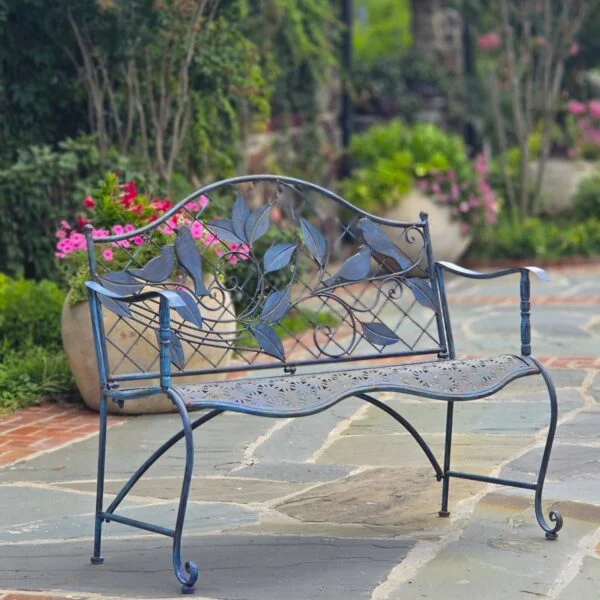 Classic Iron Garden Bench with Perched Birds Backrest in Cobalt Blue "Peace Valley"