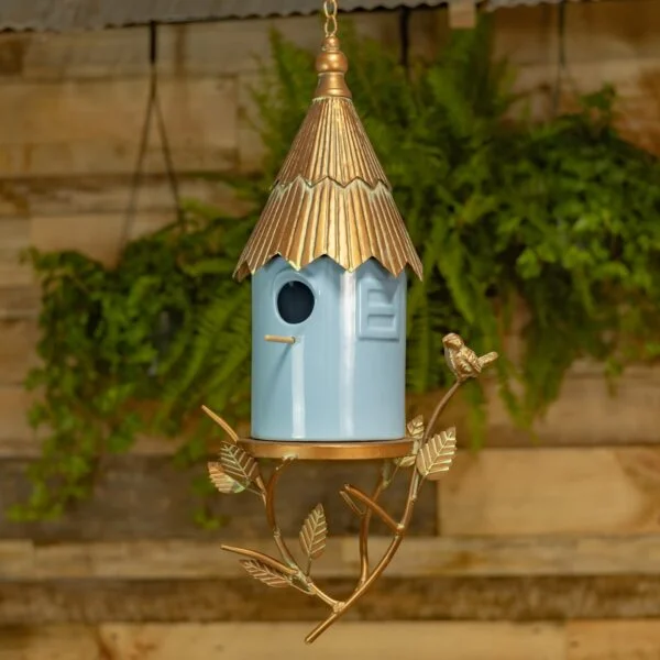 30.25" Long Metal & Soft Blue Porcelain Hanging Birdhouse "Arta"