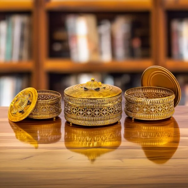 Set of 3 Ornate Round Metal Dome Boxes with Lids