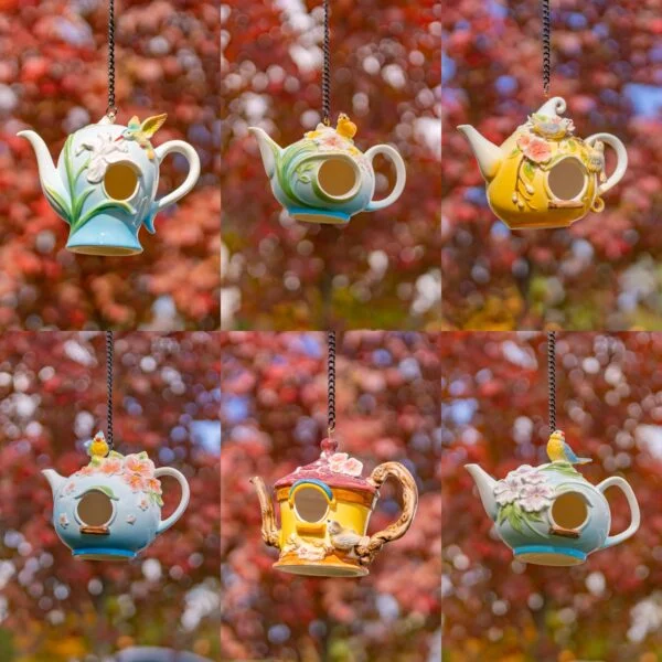 Set of 7 Hand-Painted Porcelain Teapot Birdhouses
